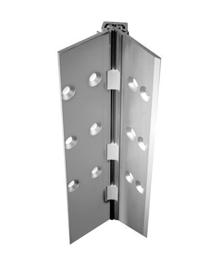 A close up of a door hinge on a white door.
