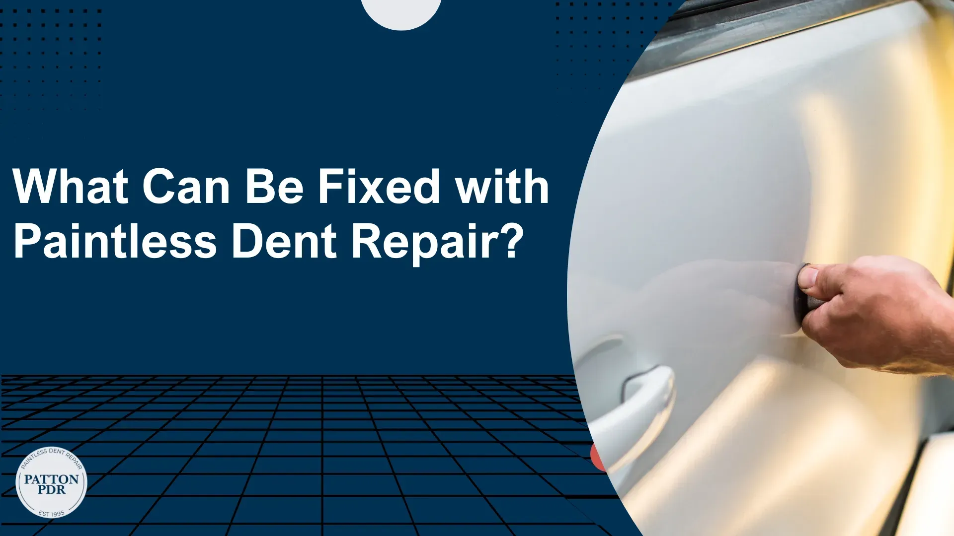 A technician performs paintless dent repair on a white car door, shown next to text asking about PDR capabilities.