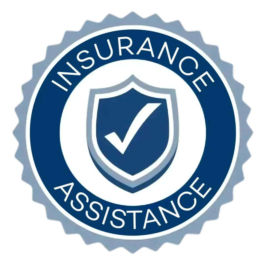 A dark blue circular seal with a notched border, featuring a shield with a checkmark and the text