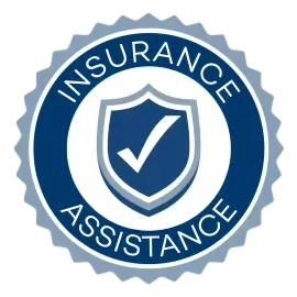 A dark blue circular seal with a notched border, featuring a shield with a checkmark and the text 