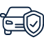 A dark blue icon of a car partially obscured by a shield containing a checkmark.