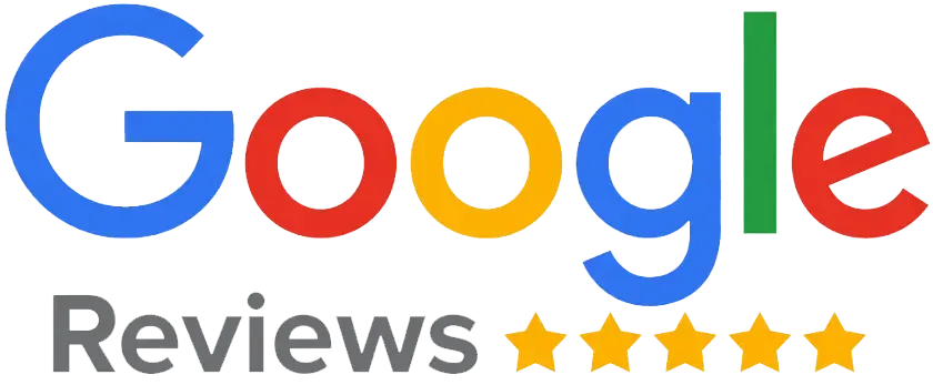 Google Reviews logo with the brand name in its signature colors and five gold stars.