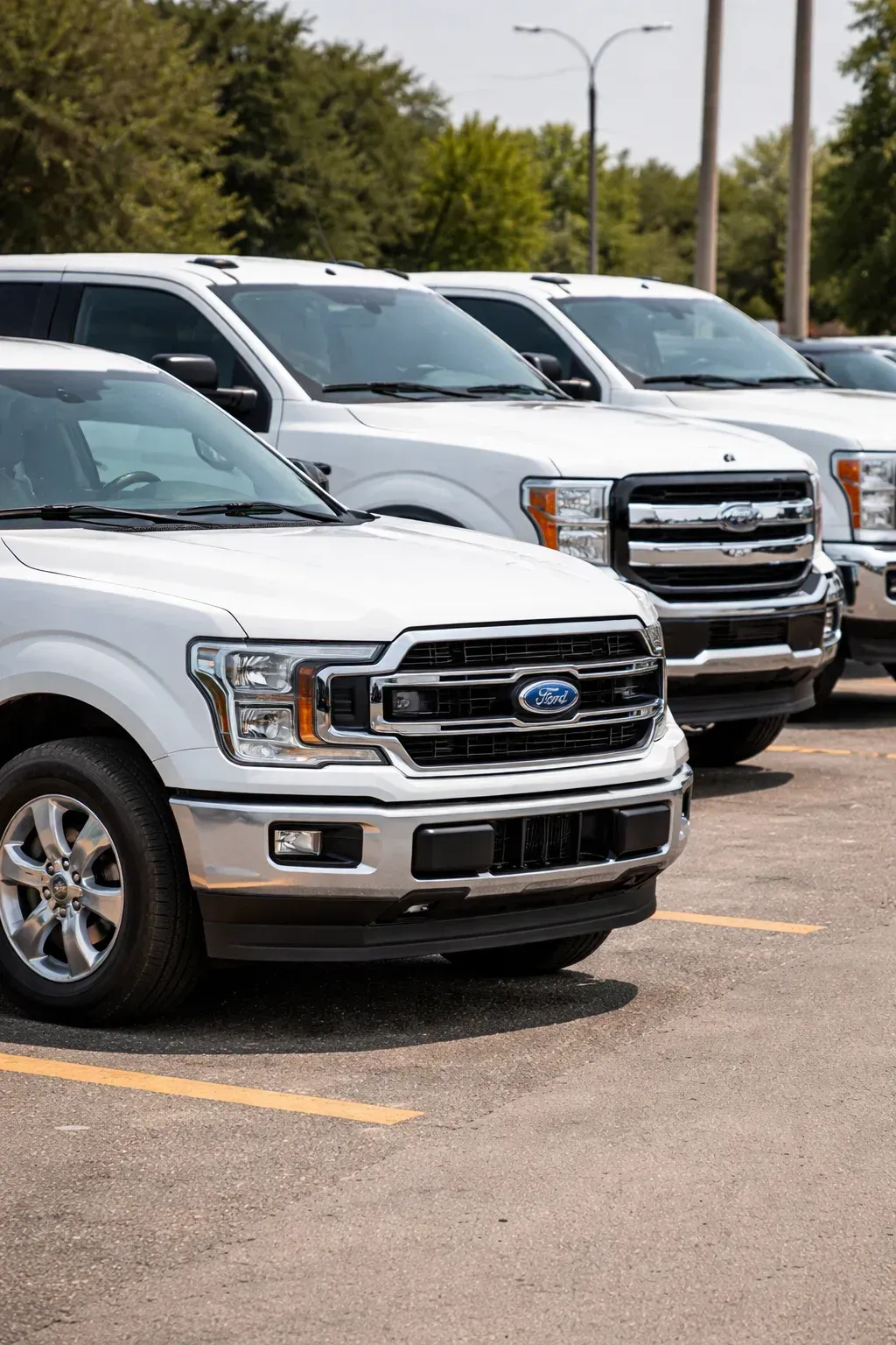 A row of white Ford pickup trucks parked in an outdoor lot on a sunny day.