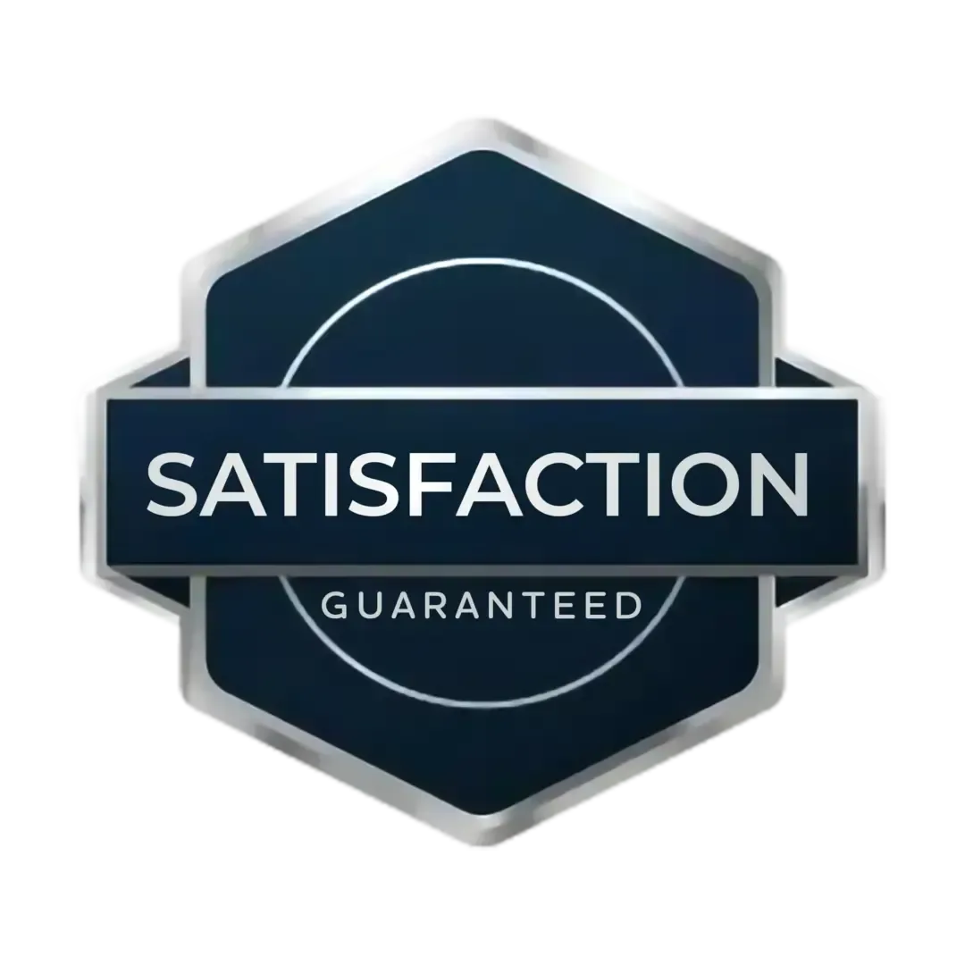 A dark blue hexagon badge with a metallic silver border, displaying the text