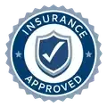 A dark blue circular seal with a notched border, featuring a shield with a checkmark and the text 