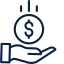 A simple line-art icon of a hand holding a coin with a dollar sign on it, with upward-pointing lines above the coin.