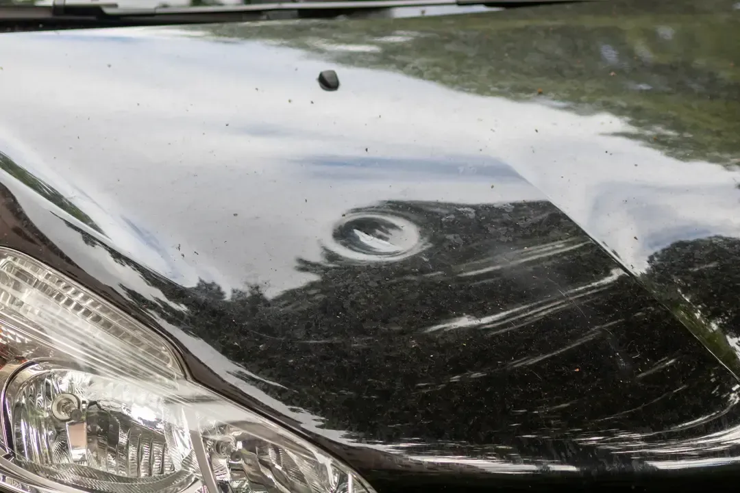 A dark-colored car hood featuring a prominent circular dent and light surface scratches.