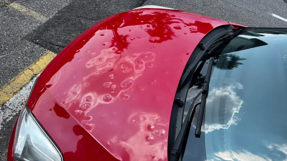 A red car hood heavily dented by hail damage, parked on asphalt.