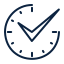A dark blue clock icon with a checkmark symbol formed by its hour and minute hands.