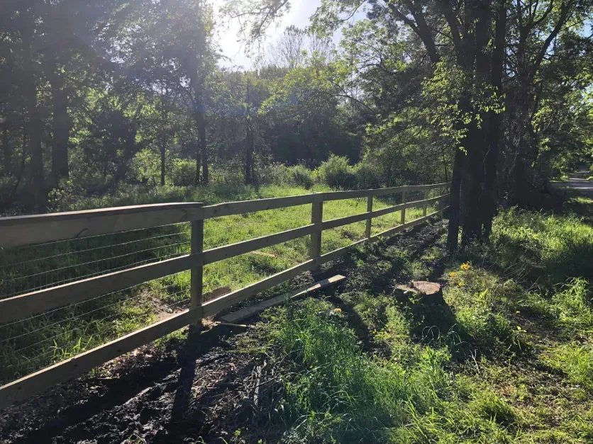 A wooden fence surrounds a grassy field with trees in the background.