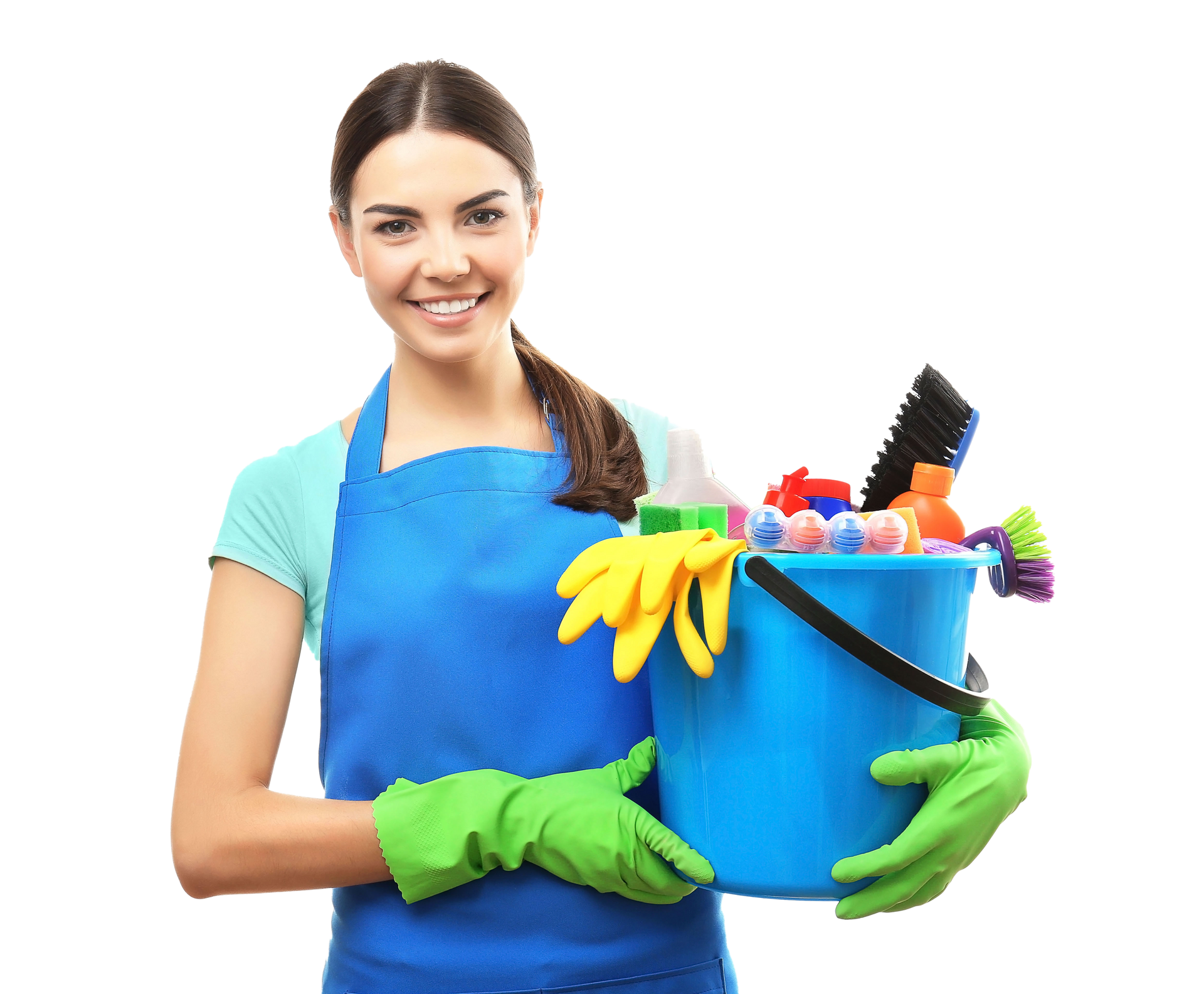 Young woman holding cleaning tools and products in bucket, isolated.