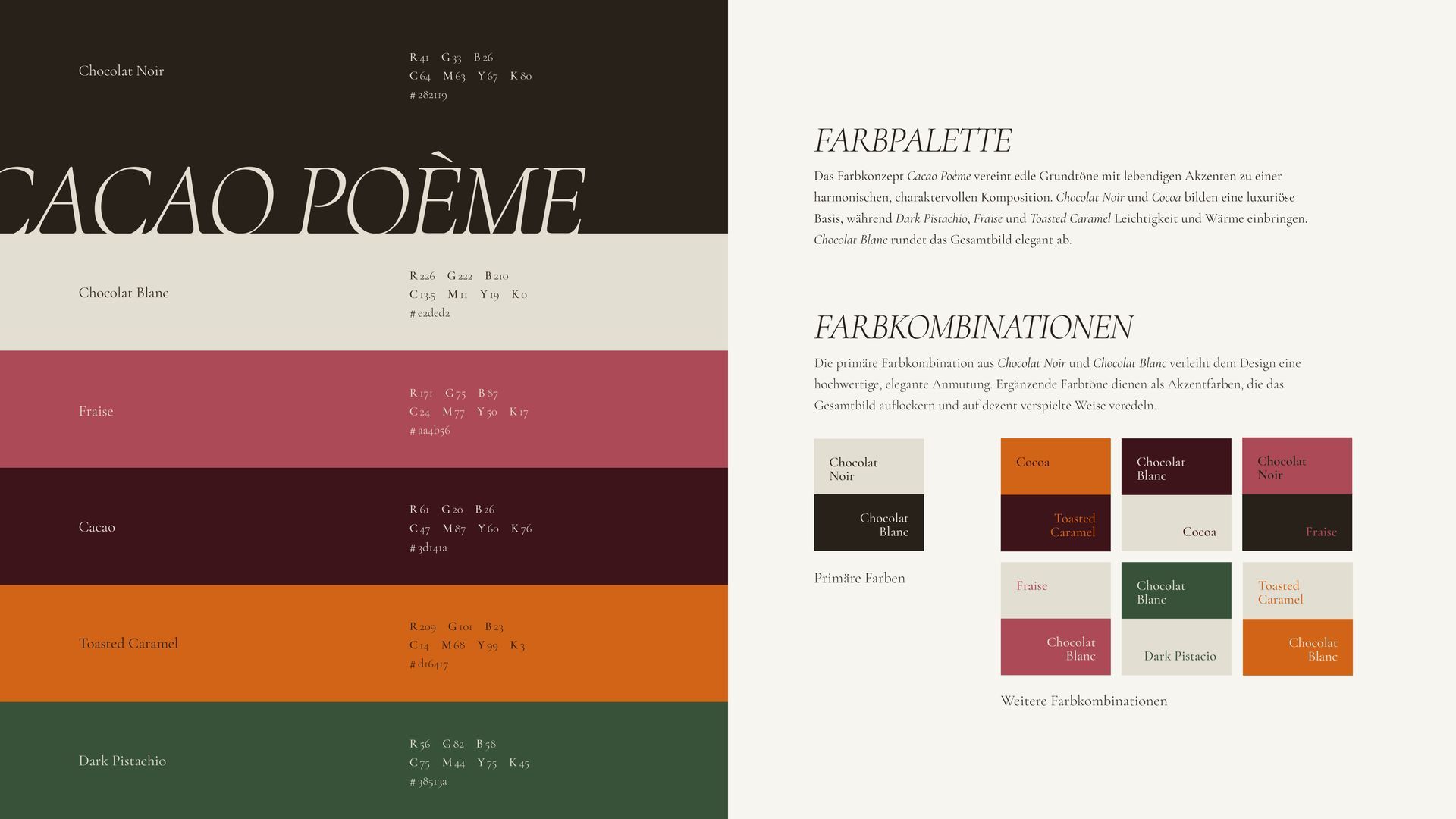 Farbpalette für „Cacao Poeme“, mit Text und Farbmustern in Dunkelbraun, Cremeweiß, Rot, Orange und Grün.