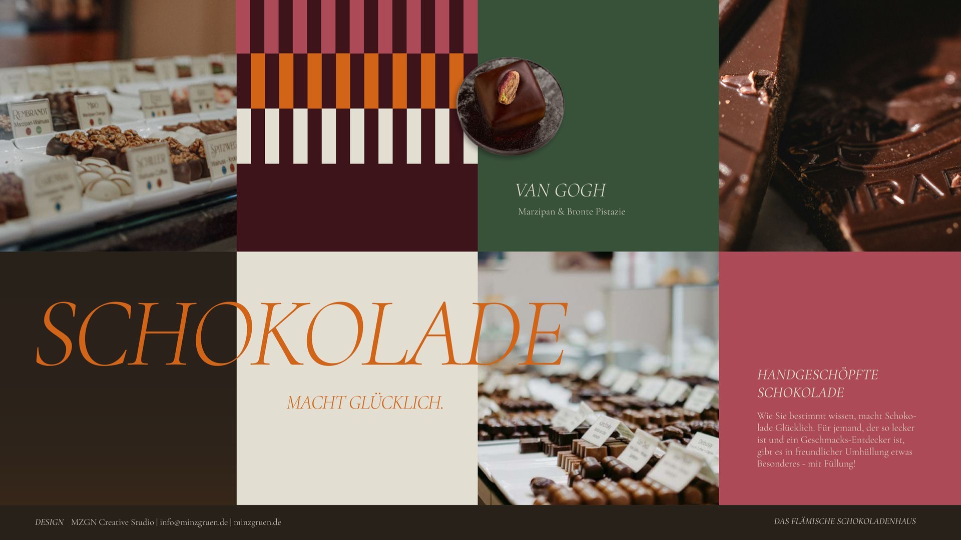 Schaufenstergestaltung in einem Schokoladengeschäft: Präsentation von Pralinen, Logo und Farbpalette.