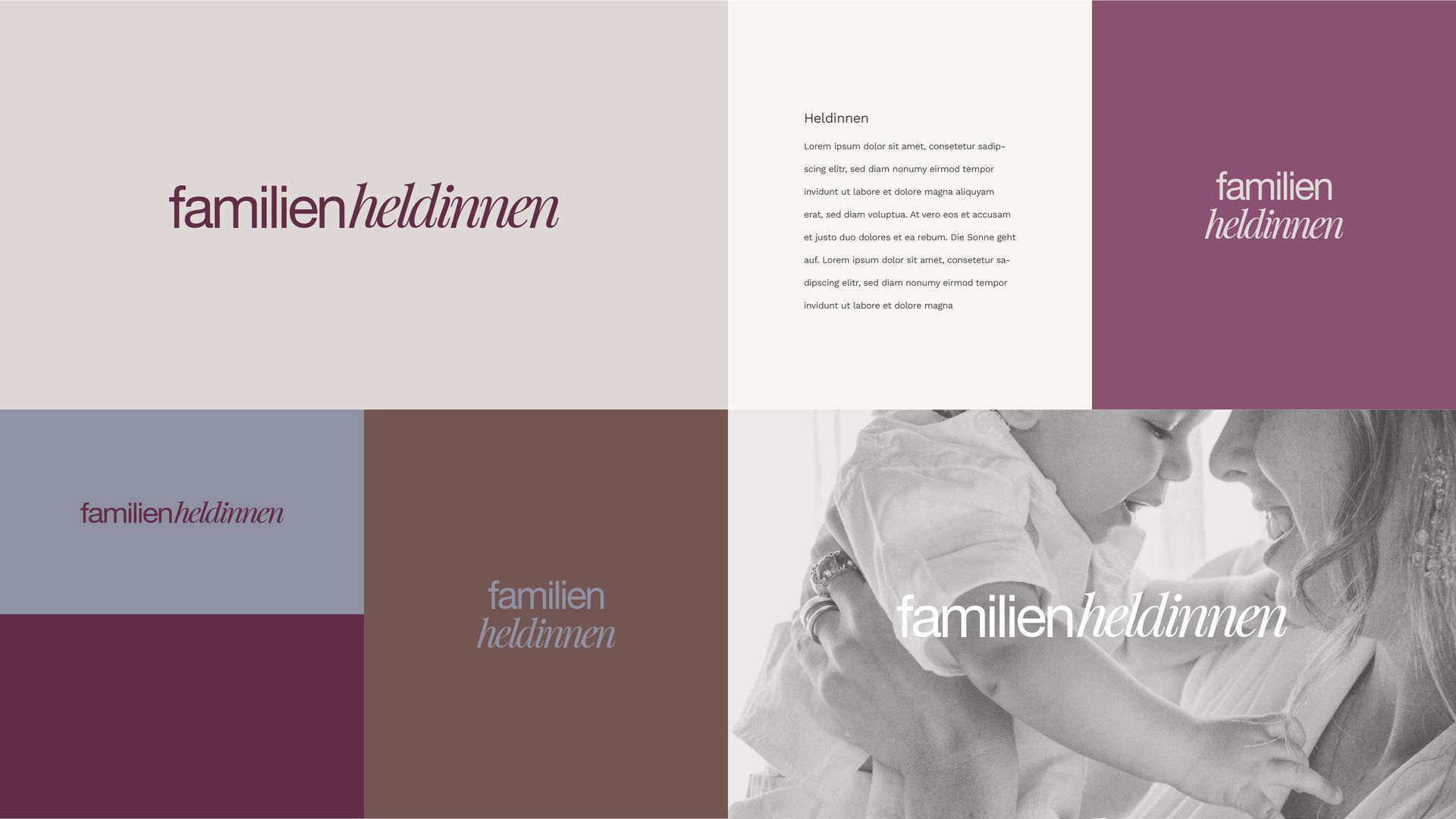 Layout mit Logo und Text in verschiedenen Farbblöcken, neben einem Foto von zwei sich umarmenden Frauen.