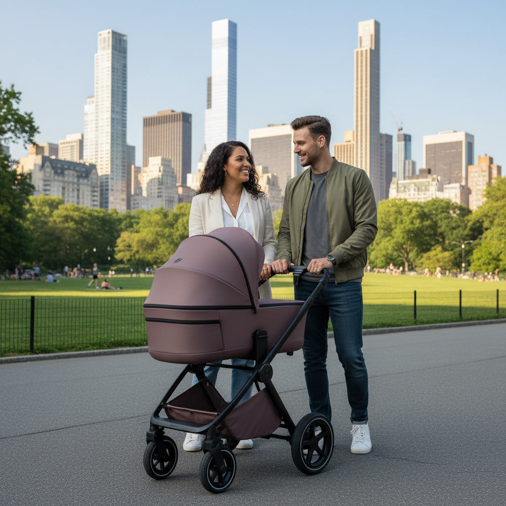 Ein Paar schiebt einen lilafarbenen Kinderwagen in einem Park; im Hintergrund ist die Skyline der Stadt zu sehen.