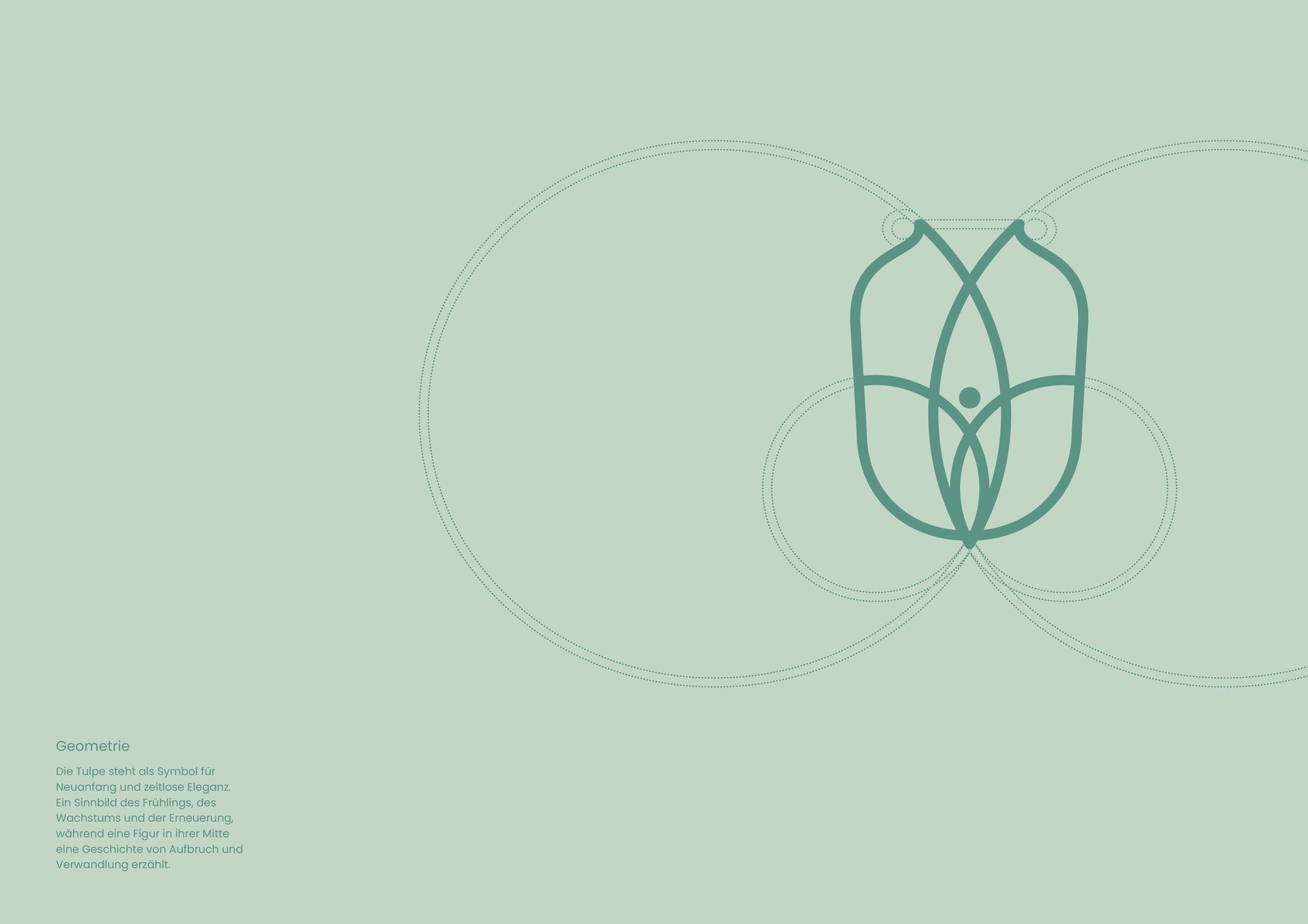 Grünes Logo: stilisierte Blume mit Figur darin, innerhalb gepunkteter Kreise, auf hellgrünem Hintergrund.