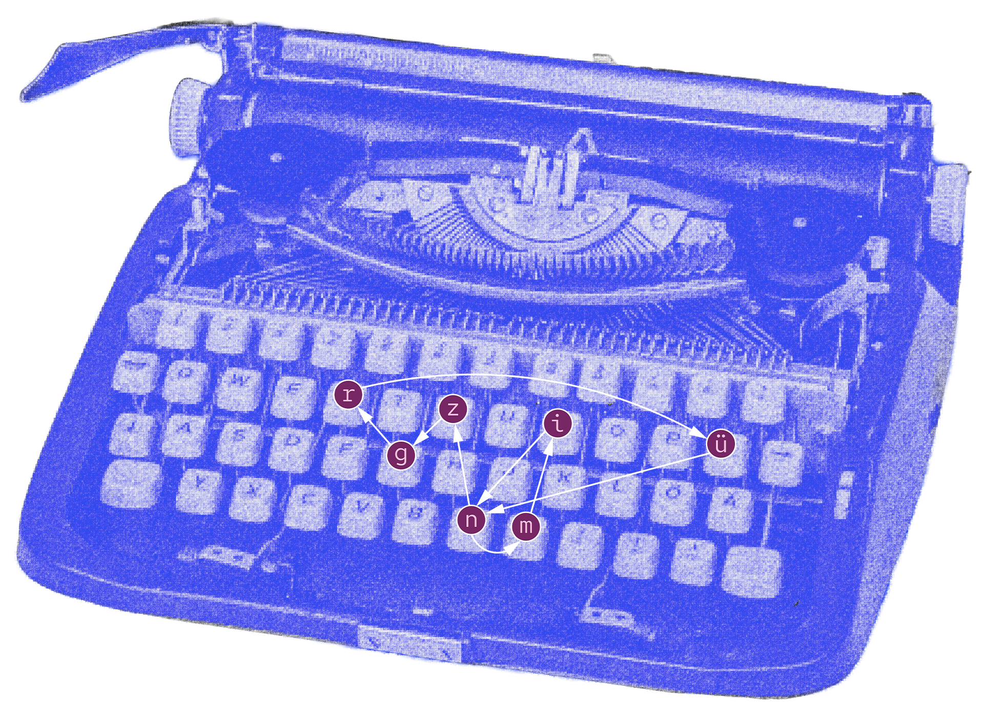 Blaue Vintage-Schreibmaschine, Tasten mit roten Zahlen 1-7 in Sternform.