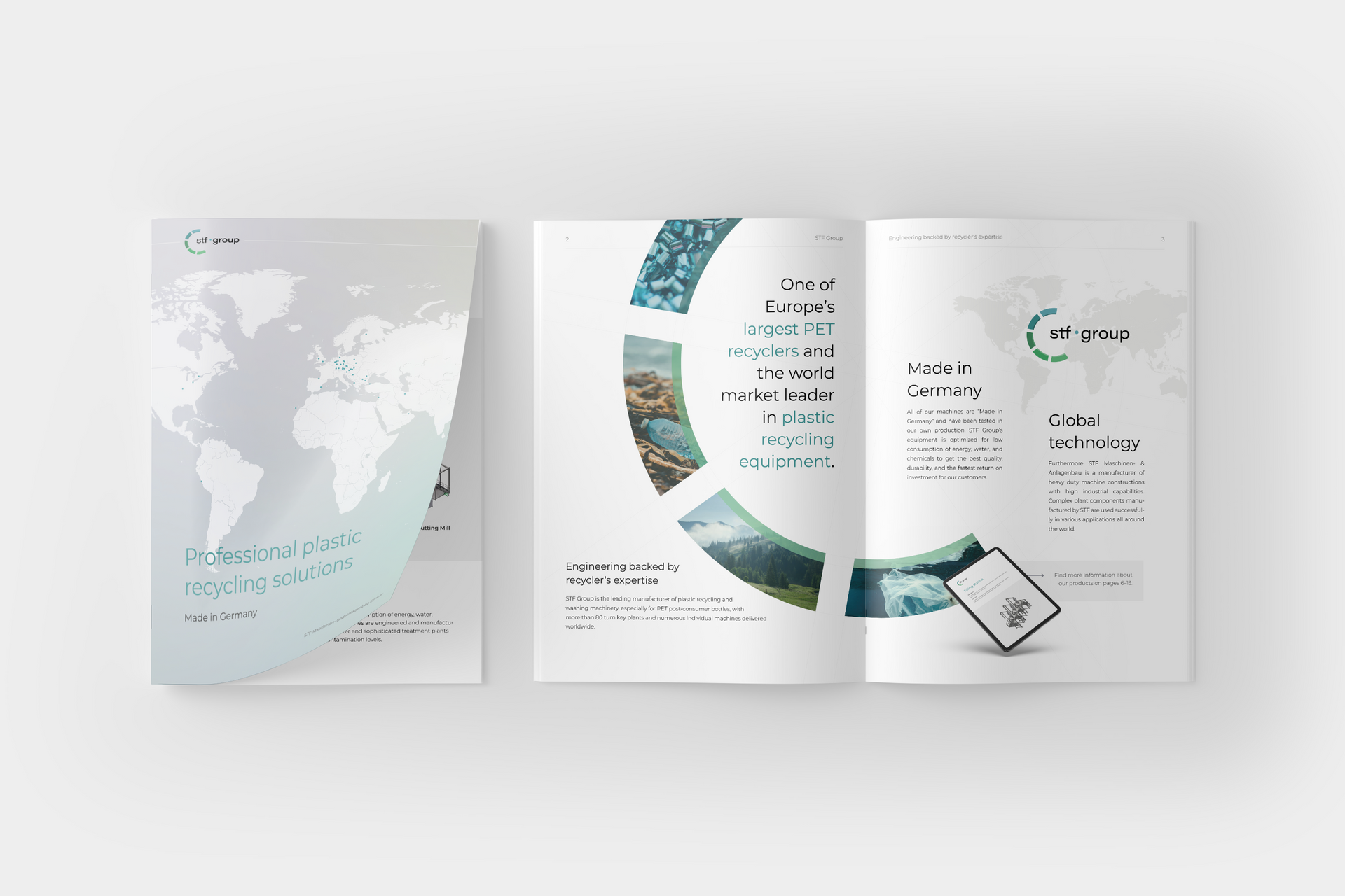 Die Broschüre ist aufgeschlagen und zeigt eine Weltkarte und Infografiken vor weißem Hintergrund.