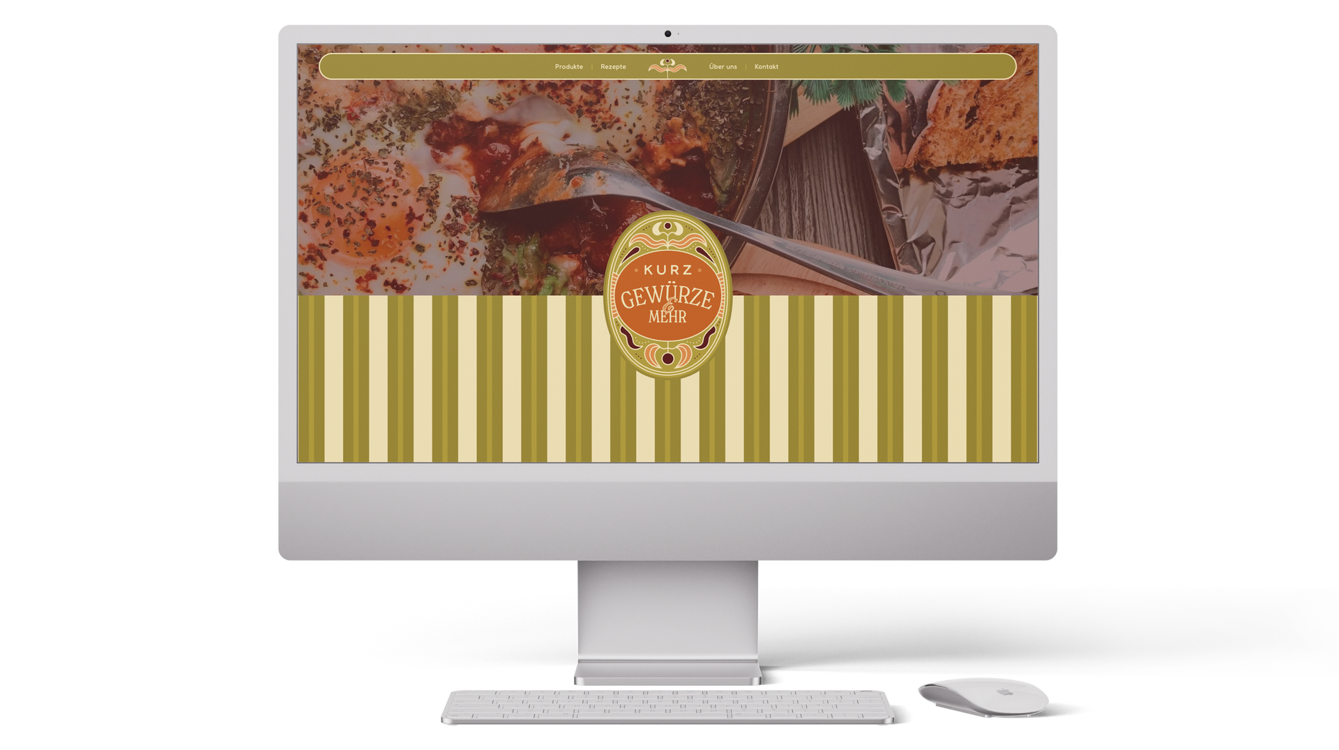 Computerbildschirm mit einer Webseite im herbstlichen Design, die Streifen und ein zentrales Emblem zeigt.