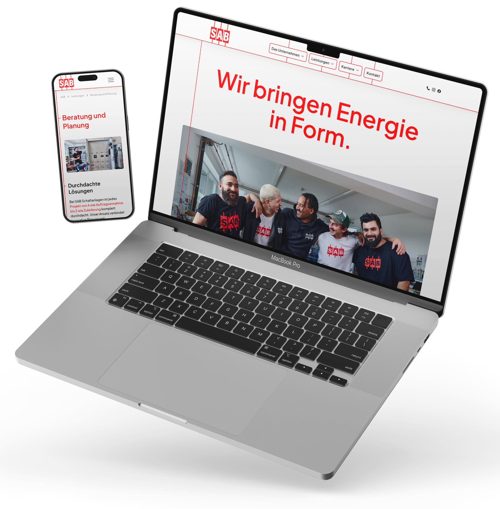 Laptop und Smartphone zeigen eine Webseite mit deutschem Text und eine Gruppe von Personen in einem Raum.