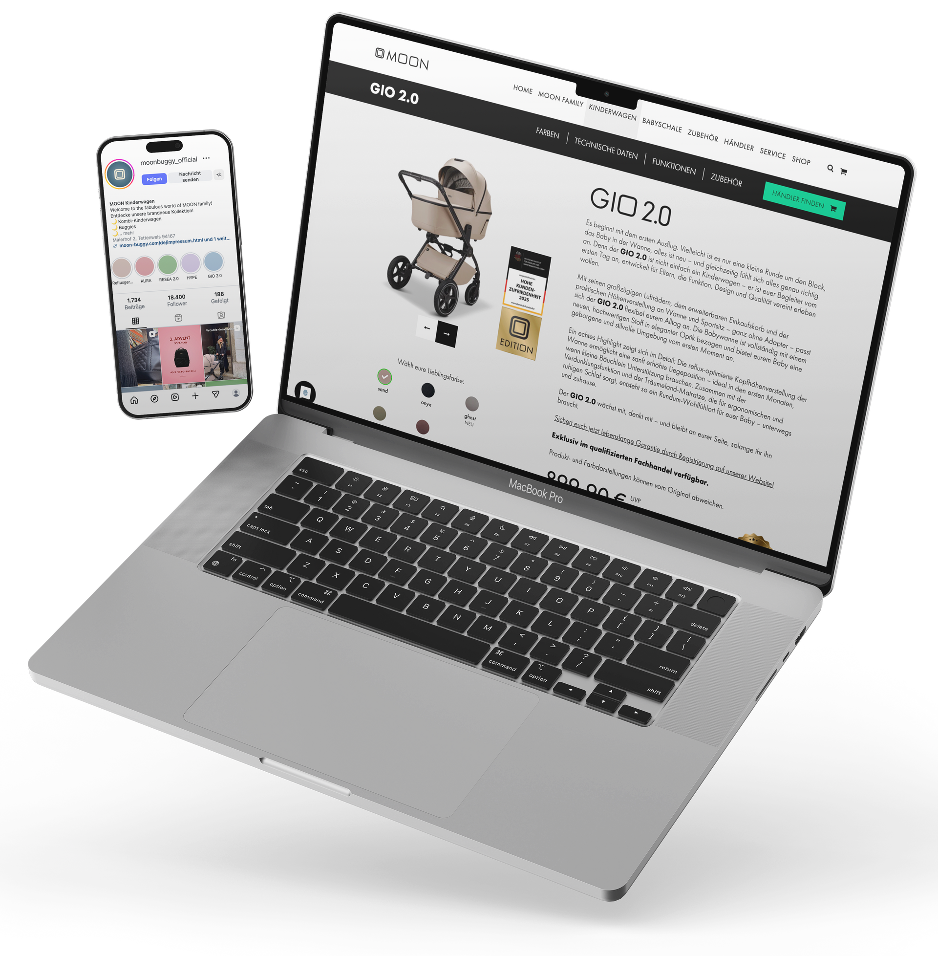 Laptop und Handy zeigen eine Produktseite für einen Kinderwagen an, der Laptop ist geöffnet.