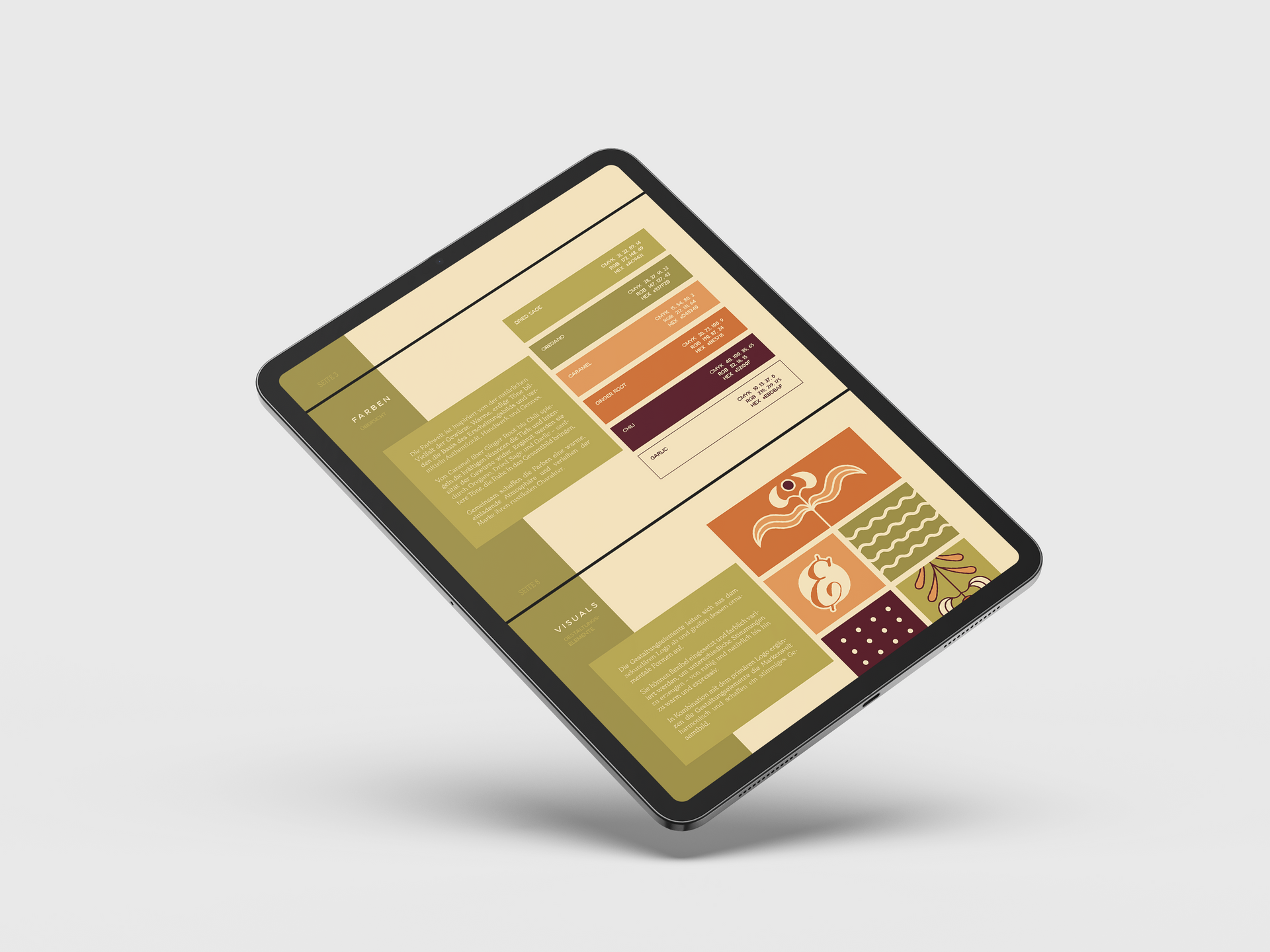 Tablet mit einer Webseite, deren Design in Beige-, Grün- und Brauntönen gehalten ist.