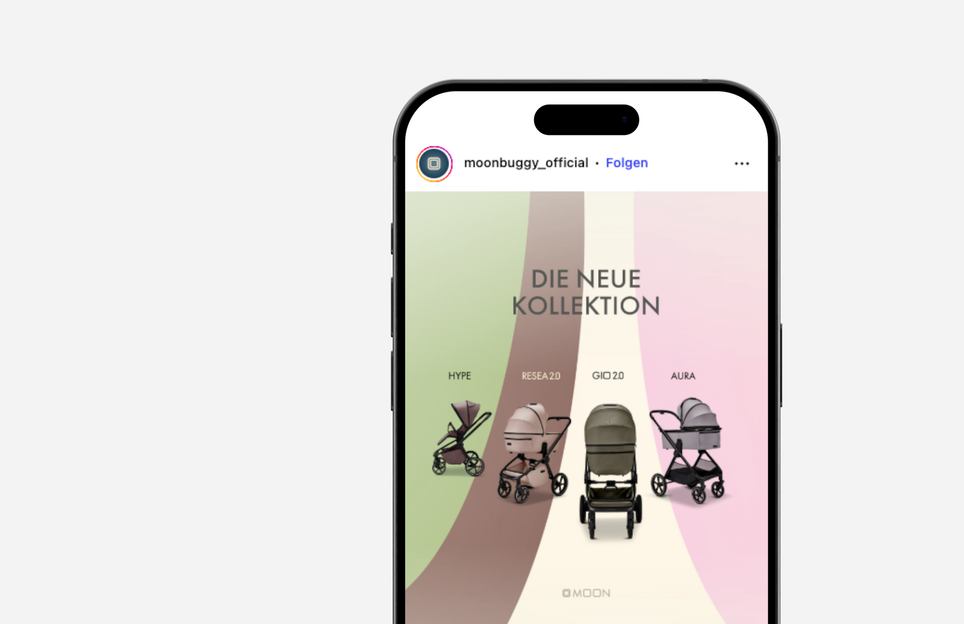 Instagram-Werbung für Kinderwagen: Drei Kinderwagen werden vor einem farbigen Hintergrund präsentiert.