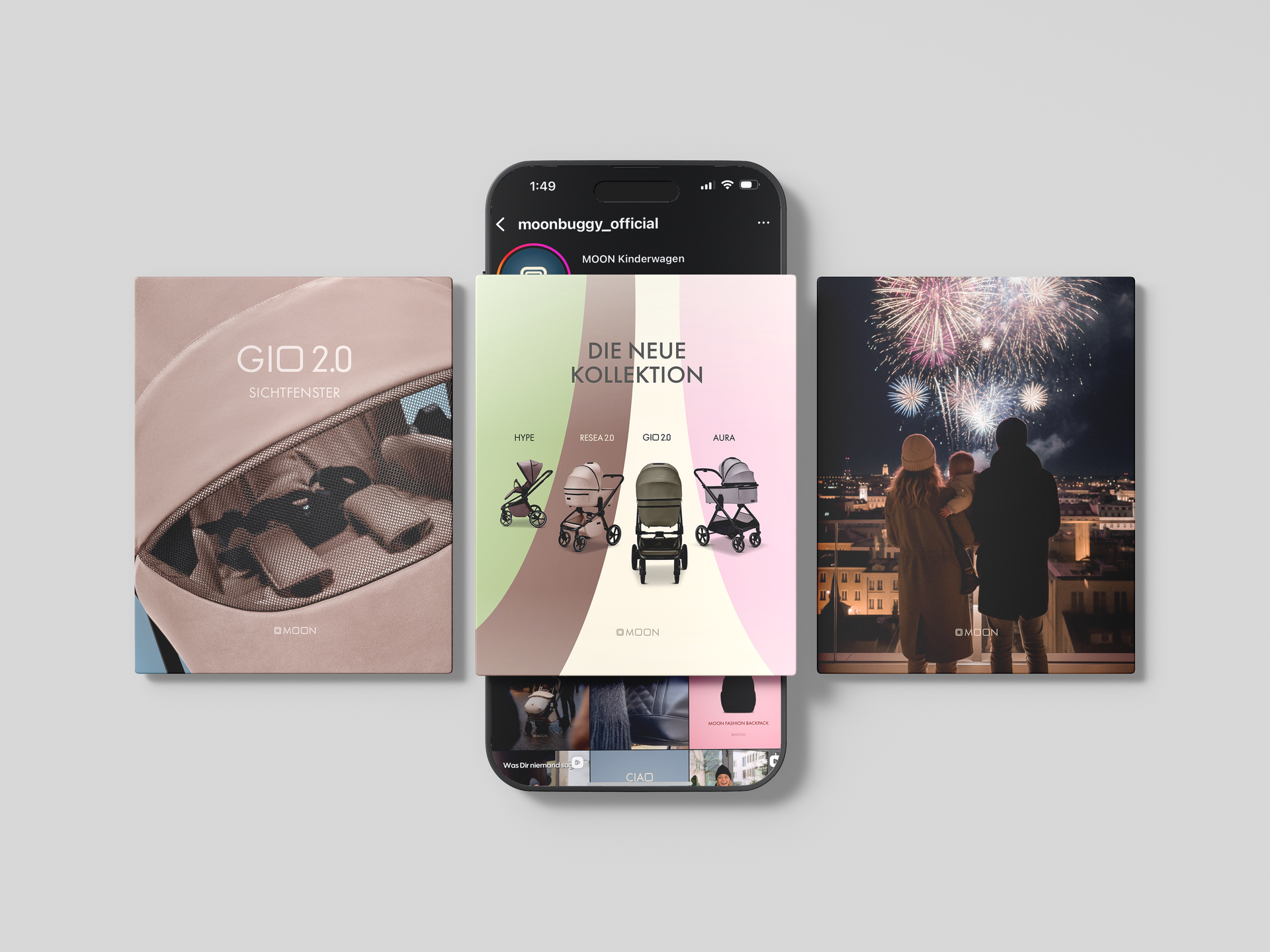 Karussell-Post auf dem Handy: Kinderwagenoptionen, Feuerwerk und eine Detailaufnahme eines Kinderwagens.