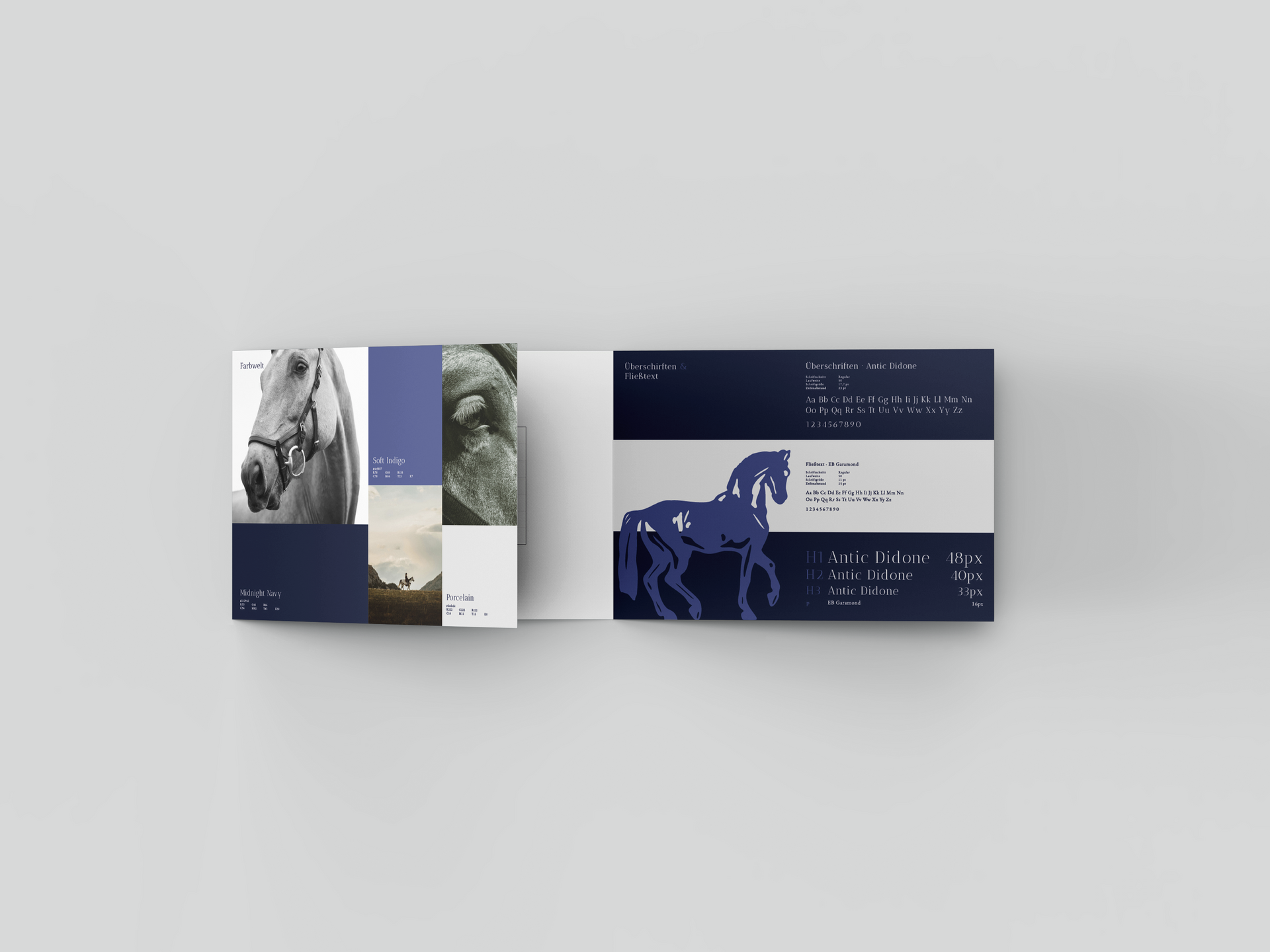 Broschüre mit Pferdemotiven: Fotos auf der einen Seite, pixeliges Pferdemotiv und Text auf der anderen Seite.