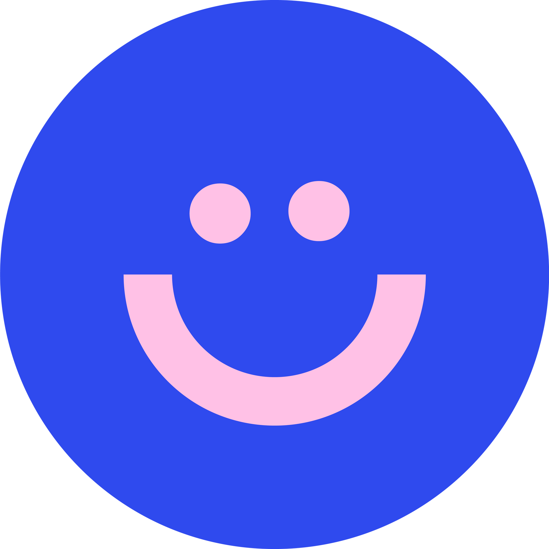 Blauer Kreis mit rosa Augen und Lächeln, vier kleine graue Eckpunkte.