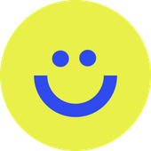 Gelber Kreis mit blauen Augen und Lächeln.