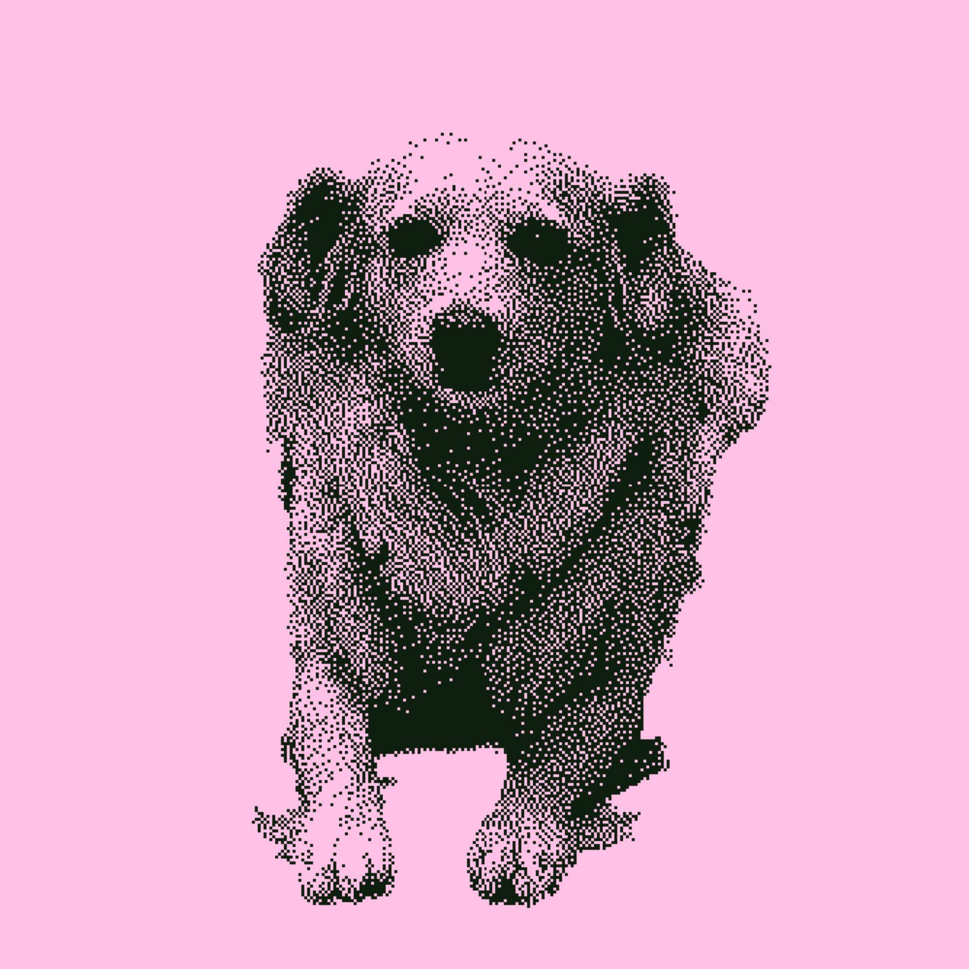 Schwarze, gepunktete Illustration eines Hundes auf rosa Hintergrund.