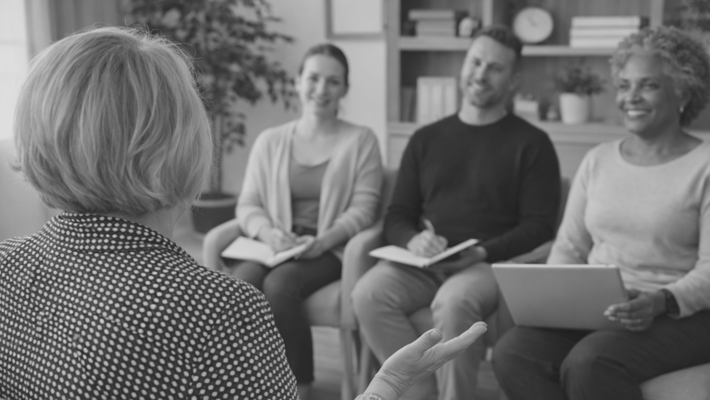Woman in patterned top, holding glasses, facing a man in a suit at a desk; office setting.