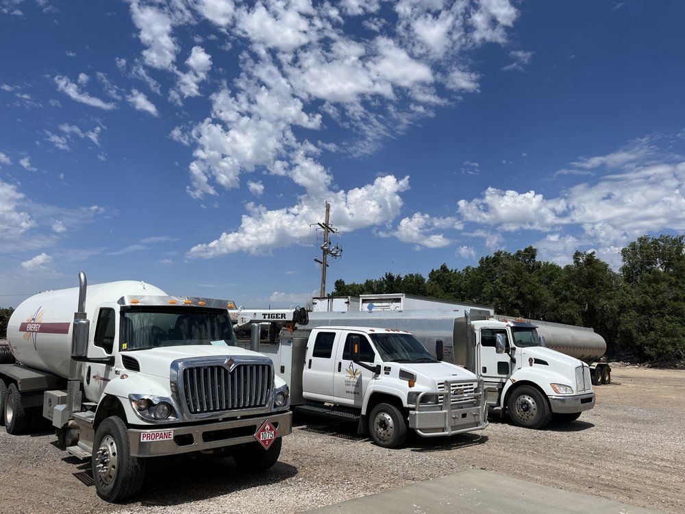 Two trucks are parked next to each other in a gravel lot.