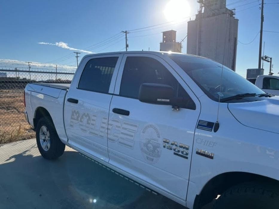 A white truck is parked on the side of the road.
