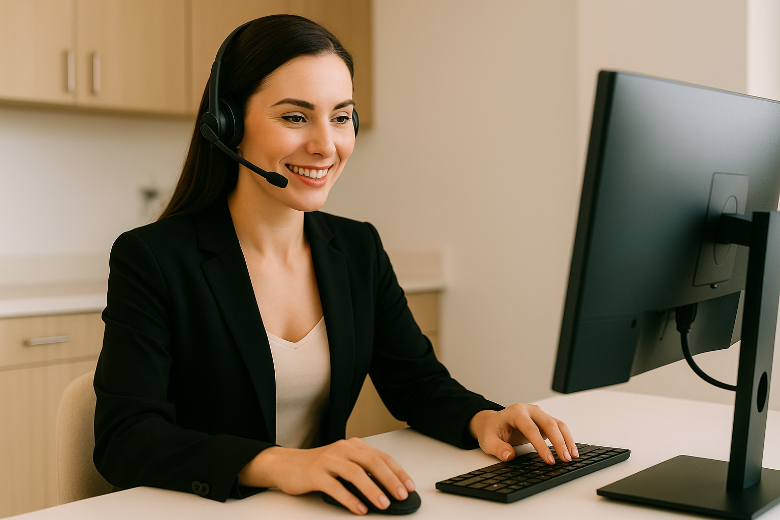 Professional female dentist in business attire working on laptop reviewing dental practice marketing analytics dashboard in modern office setting