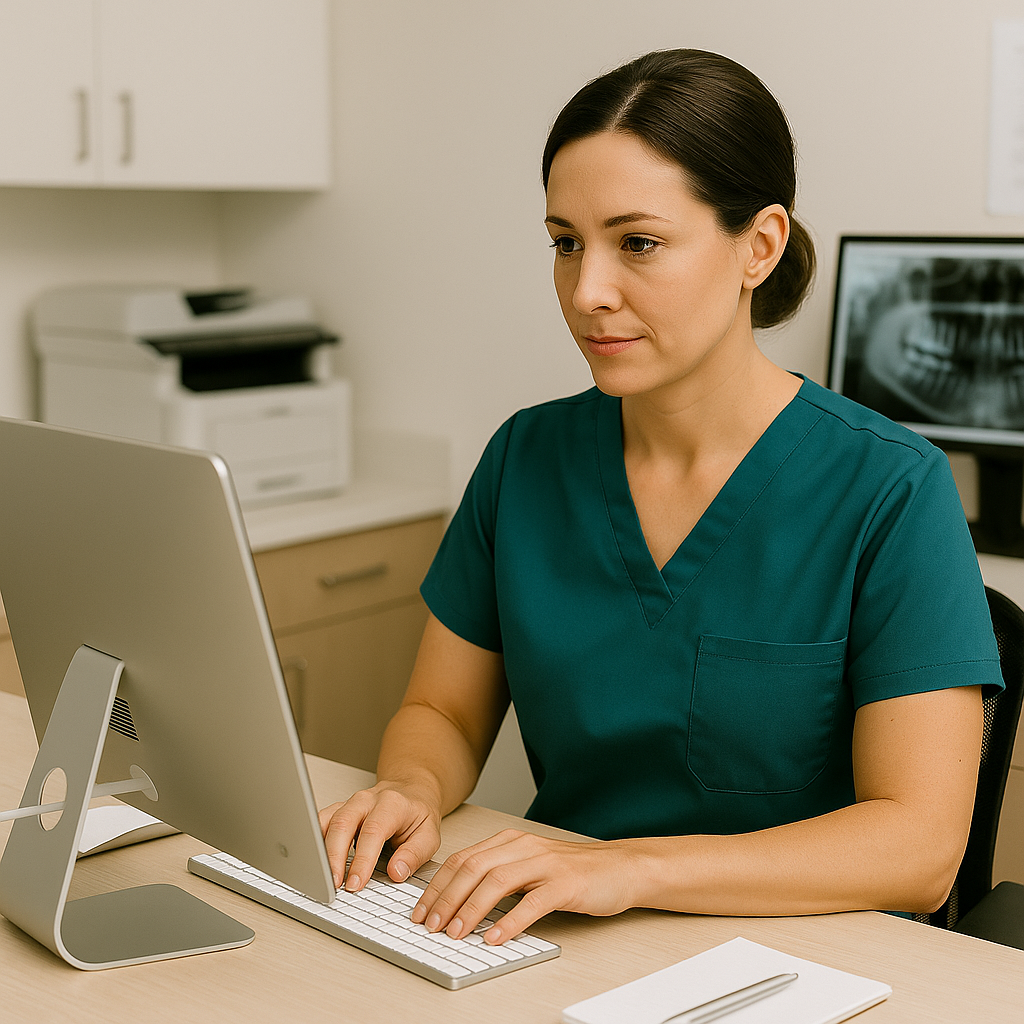Professional female dentist in business attire working on laptop reviewing dental practice marketing analytics dashboard in modern office setting