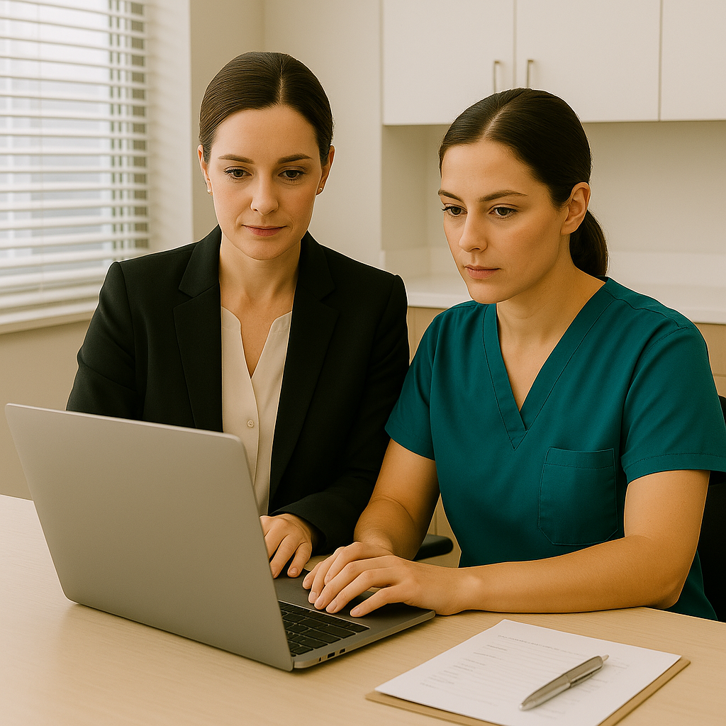 Professional female dentist in business attire working on laptop reviewing dental practice marketing analytics dashboard in modern office setting