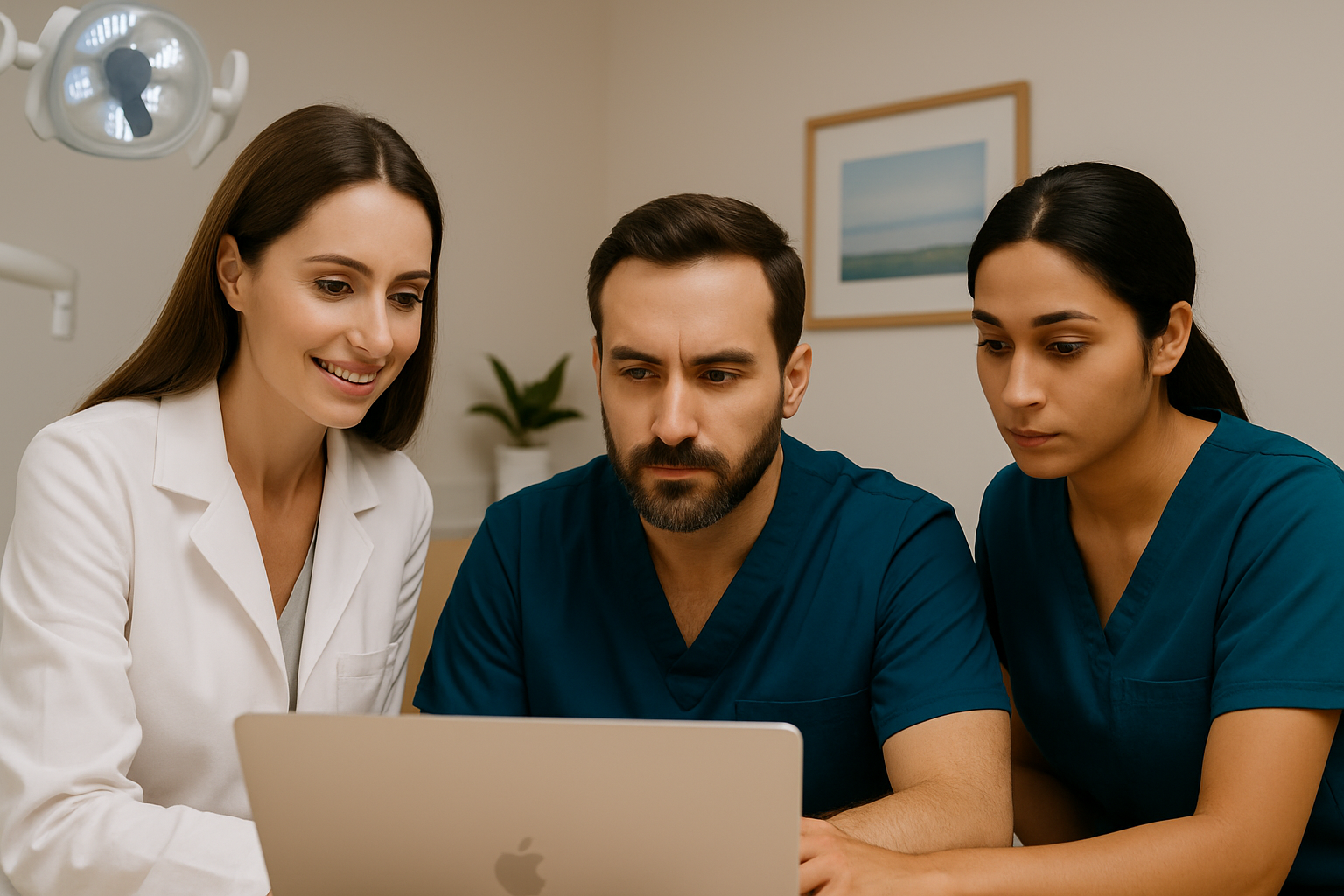Professional female dentist in business attire working on laptop reviewing dental practice marketing analytics dashboard in modern office setting