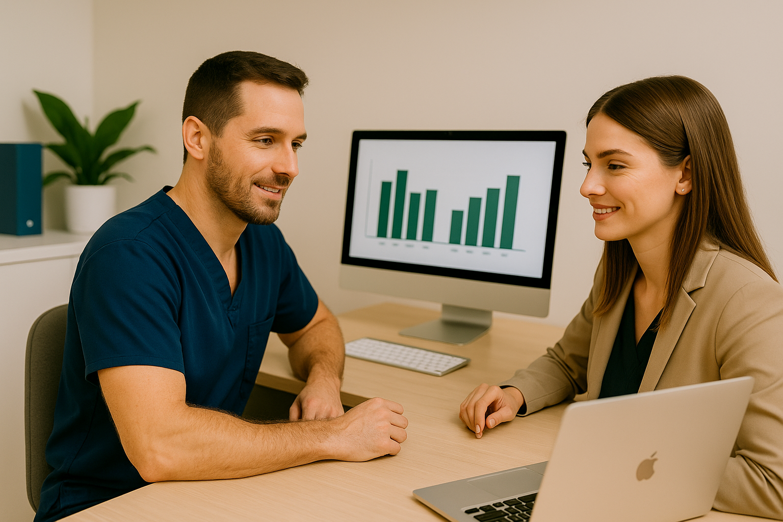 Professional female dentist in business attire working on laptop reviewing dental practice marketing analytics dashboard in modern office setting