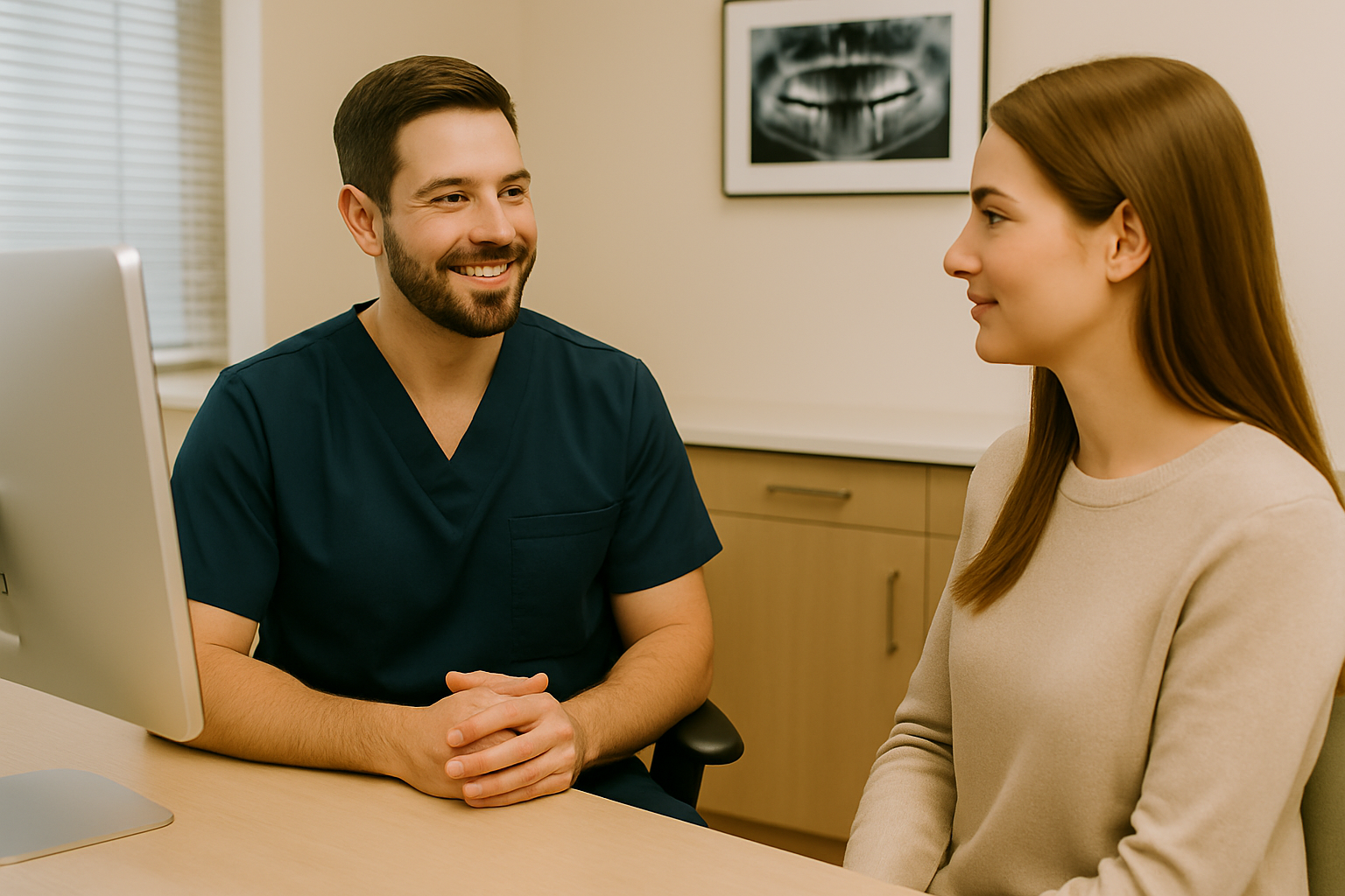 Receptionist assisting a patient at a medical office. Other patients wait in the bright, airy waiting area.