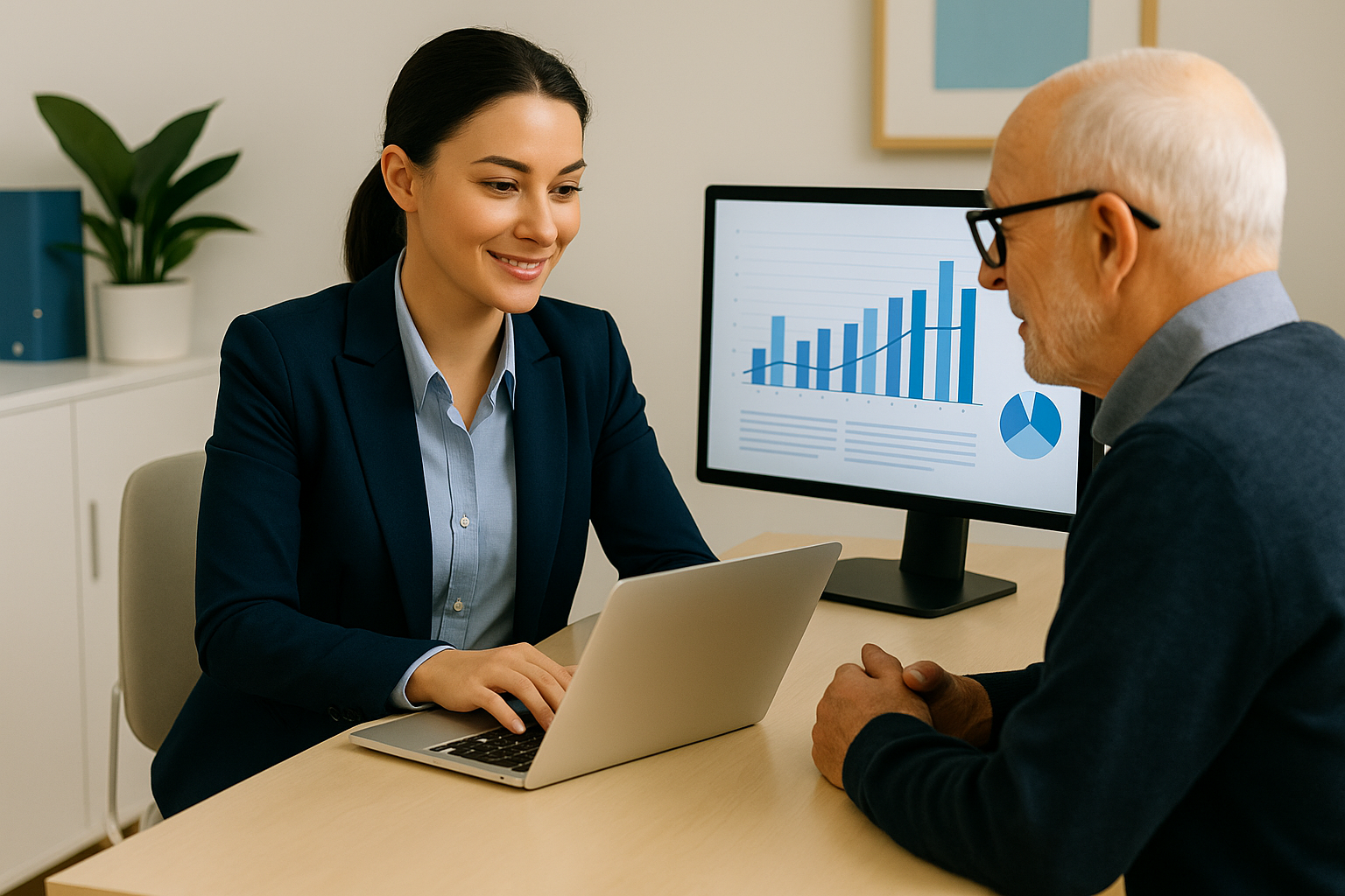 Professional female dentist in business attire working on laptop reviewing dental practice marketing analytics dashboard in modern office setting