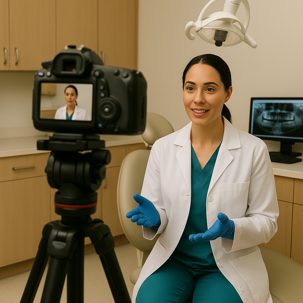 Professional female dentist in business attire working on laptop reviewing dental practice marketing analytics dashboard in modern office setting