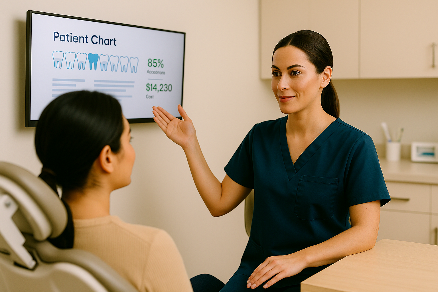Professional female dentist in business attire working on laptop reviewing dental practice marketing analytics dashboard in modern office setting