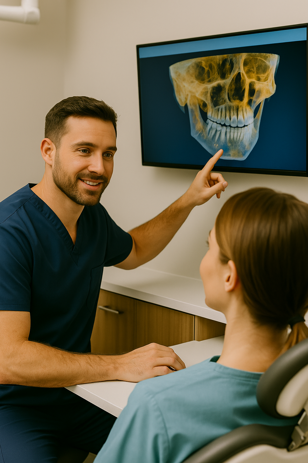 Professional female dentist in business attire working on laptop reviewing dental practice marketing analytics dashboard in modern office setting