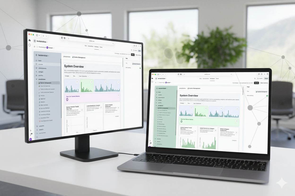 Professional female dentist in business attire working on laptop reviewing dental practice marketing analytics dashboard in modern office setting