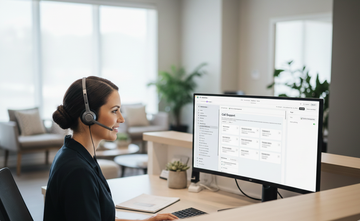 Professional female dentist in business attire working on laptop reviewing dental practice marketing analytics dashboard in modern office setting