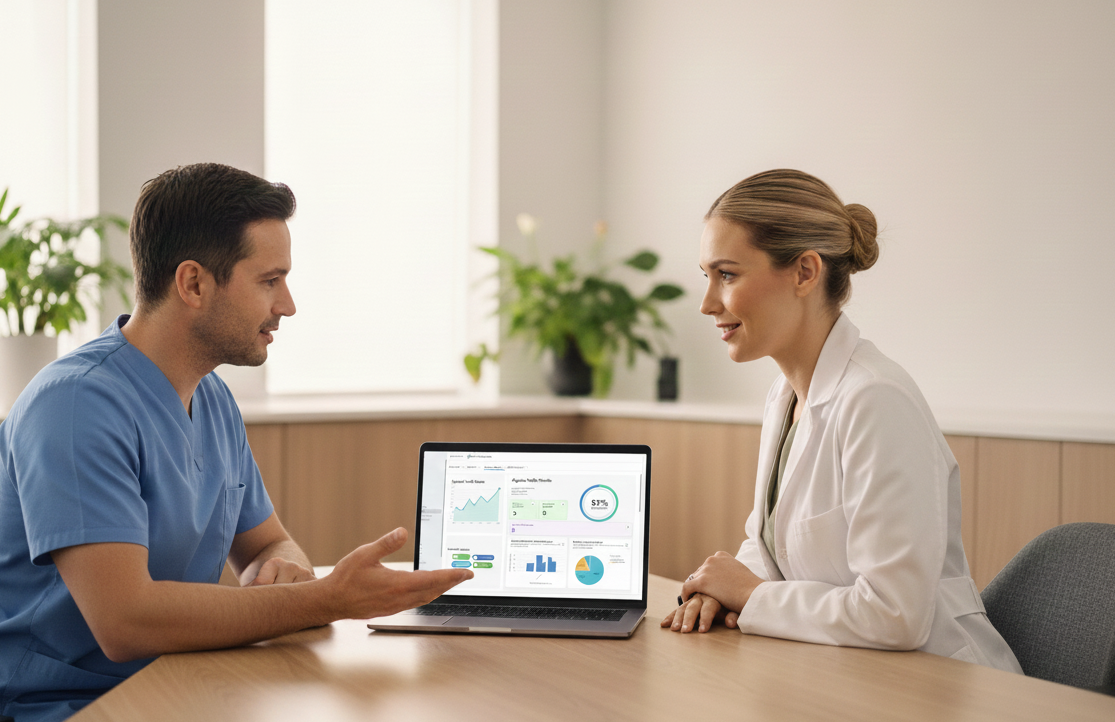 Professional female dentist in business attire working on laptop reviewing dental practice marketing analytics dashboard in modern office setting