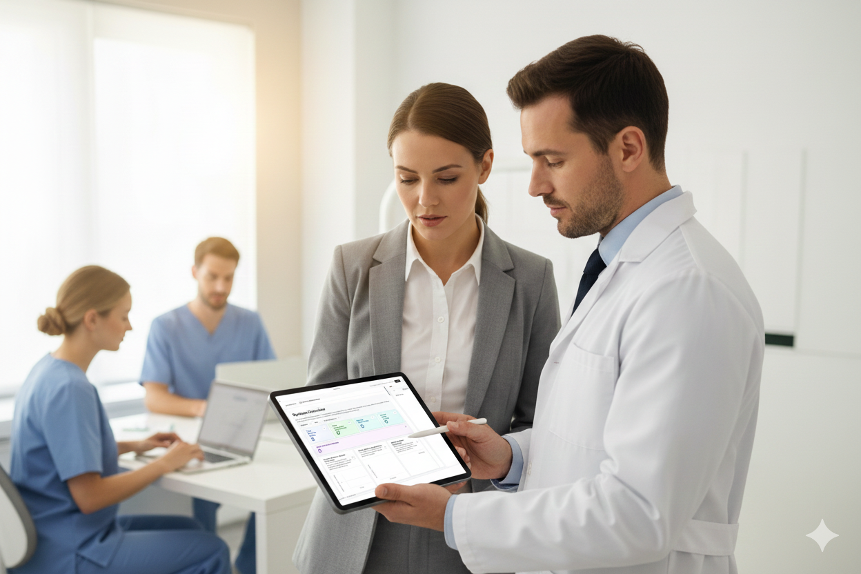 Professional female dentist in business attire working on laptop reviewing dental practice marketing analytics dashboard in modern office setting