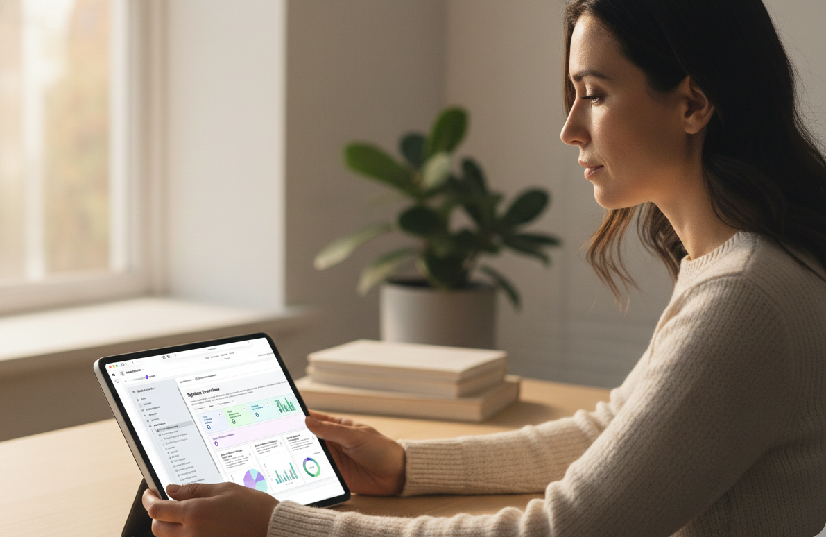 Professional female dentist in business attire working on laptop reviewing dental practice marketing analytics dashboard in modern office setting